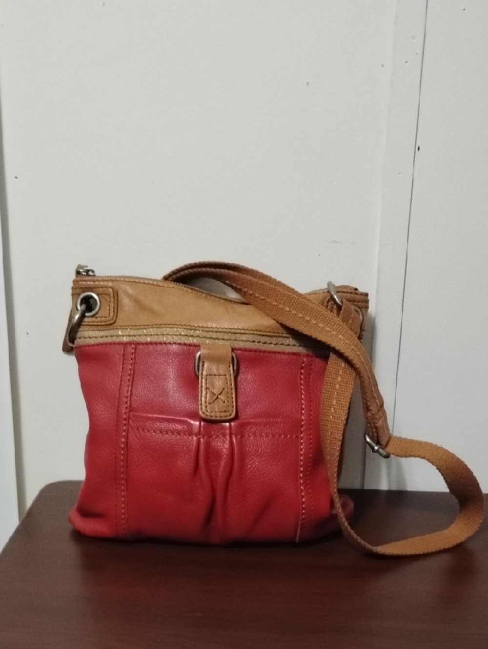 The Sak Red Leather Crossbody Bag with Tan Trim